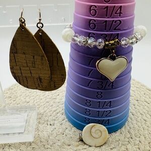 White Bracelet, Pendant, And Cork Earrings Set